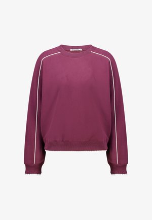 Sweatshirt bordeaux en mélange de coton, présentant un passepoil blanc le long des épaules et une bordure texturée à l'ourlet et aux poignets.