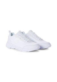 Białe sportowe sneakersy wykonane z siateczki i materiałów syntetycznych, z sznurowanym zapięciem, teksturowaną podeszwą oraz wyściełanym wsparciem kostki.