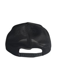 Gorra de béisbol de malla negra con visera plana, correa ajustable de plástico y textura suave, con agujeros de ventilación para mayor transpirabilidad.