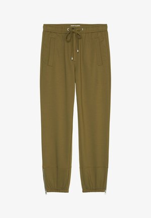 Pantalons de survêtement vert olive en tissu doux, avec une taille élastique et un cordon de serrage, des poches latérales et des poignets zippés.