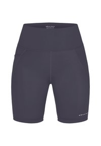 Marinblå idrottsshorts i stretchmaterial, med hög midja och sidofickor. Slät textur med kontrasterande logotypdetalj.