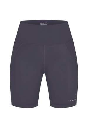 Marineblauwe sportshorts van rekbaar materiaal, met een hoge tailleband en zijzakken. Gladde textuur met contrasterende logo-details.