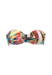 Bandeau bikini gornji dio s vibrantnim višebojnim geometrijskim i cvjetnim uzorkom. Mekana tkanina, nabrana središnja oblast i crni akcentni pojas.