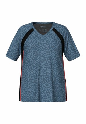Ulla Popken, FUNKTIONS-SHIRT, CLASSIC, V-AUSSCHNITT, HALBARM, RECYCELT - Print T-shirt - matt blue