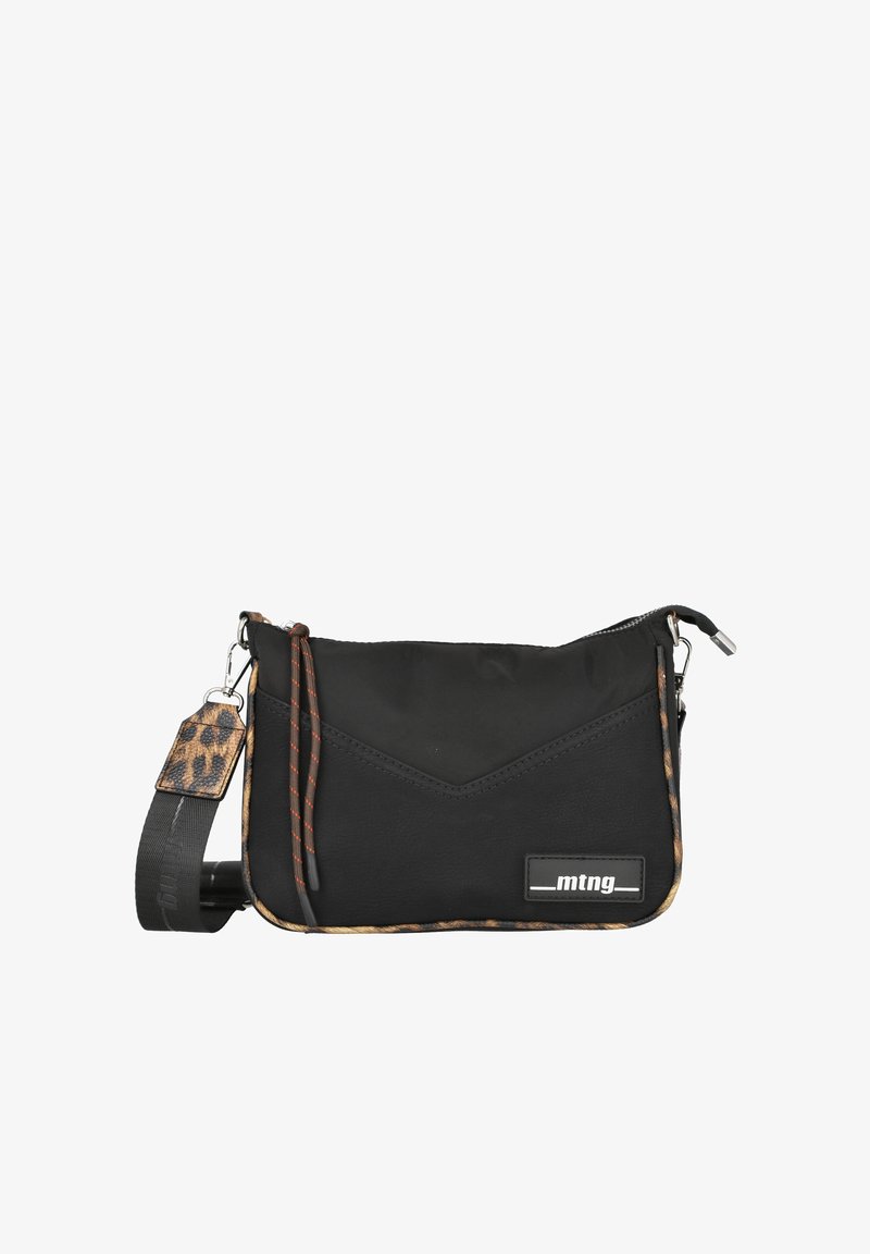 Bolso de hombro compacto negro con un acento de estampado de leopardo, tejido texturizado, cierre de cremallera y correa ajustable. Presenta un parche con el logo y lazos decorativos.