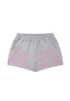 Hellgraue Shorts mit elastischem Bund und pinker Blumenstickerei an den Vordertaschen und am Saum, aus weichem Strickstoff.