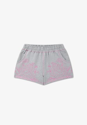Hellgraue Shorts mit elastischem Bund und pinker Blumenstickerei an den Vordertaschen und am Saum, aus weichem Strickstoff.