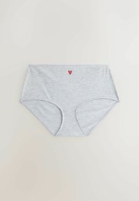 Culotte hipster pour femme en gris clair avec un petit cœur rouge imprimé au centre devant sur un fond uni.