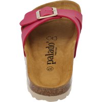 Sandalo scivoloso in pelle rosa con accentuazione in metallo e soletta in sughero, insole testurizzata. Nome del marchio "palado" stampato all'interno.
