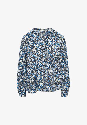 Langärmlige Bluse in Marineblau mit einem geometrischen Muster in Blau und Creme. Sie hat einen V-Ausschnitt und geraffte Details an den Ärmeln.