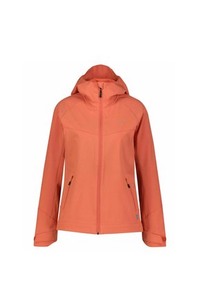 Coral softshell jacket with a fitted hood, long sleeves, and zippered pockets. Features seam detailing and a smooth, water-resistant texture.