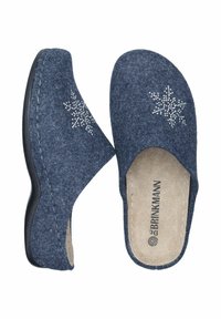 Felt clogs in dark blue with a smooth texture, featuring a silver star pattern. Black rubber sole with a cushioned tan insole.