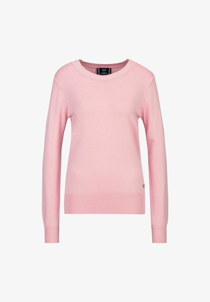 Helles rosa Sweatshirt mit langen Ärmeln, geripptem Hals- und Bündchenabschluss, glatter Textur und einem kleinen goldenen Logoakzent am Saum.