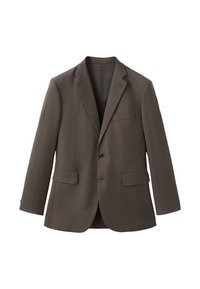 Brauner Blazer aus strukturiertem Stoff, ausgestattet mit einem Reverskragen, zwei Fronttaschen und einem einzelnen Knopfverschluss.