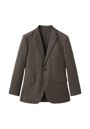 Bruine blazer van gestructureerde stof, met een reverskraag, twee zakken aan de voorkant en een enkele knoopsluiting.