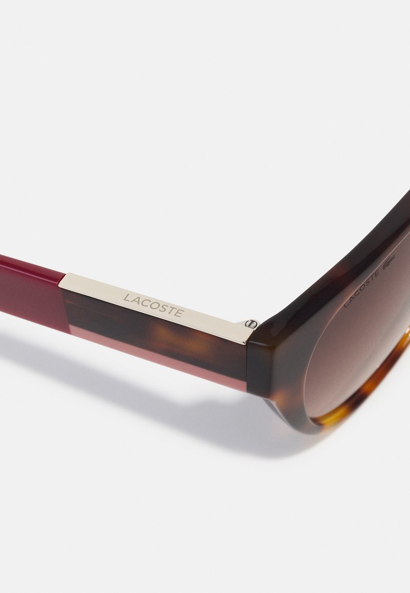 Zonnebrilarm in bruin en bordeaux met gouden Lacoste logo plaatje en bijpassende bruine gradient lenzen op een witte achtergrond.