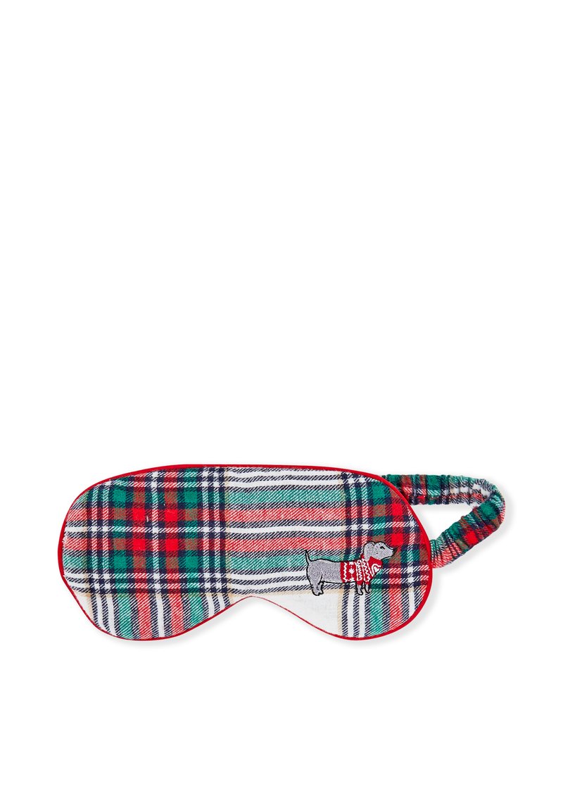Maschera da sonno a plaid con colori rosso, verde e bianco e un tessuto texture. Un cane ricamato con un maglione adorna un lato.