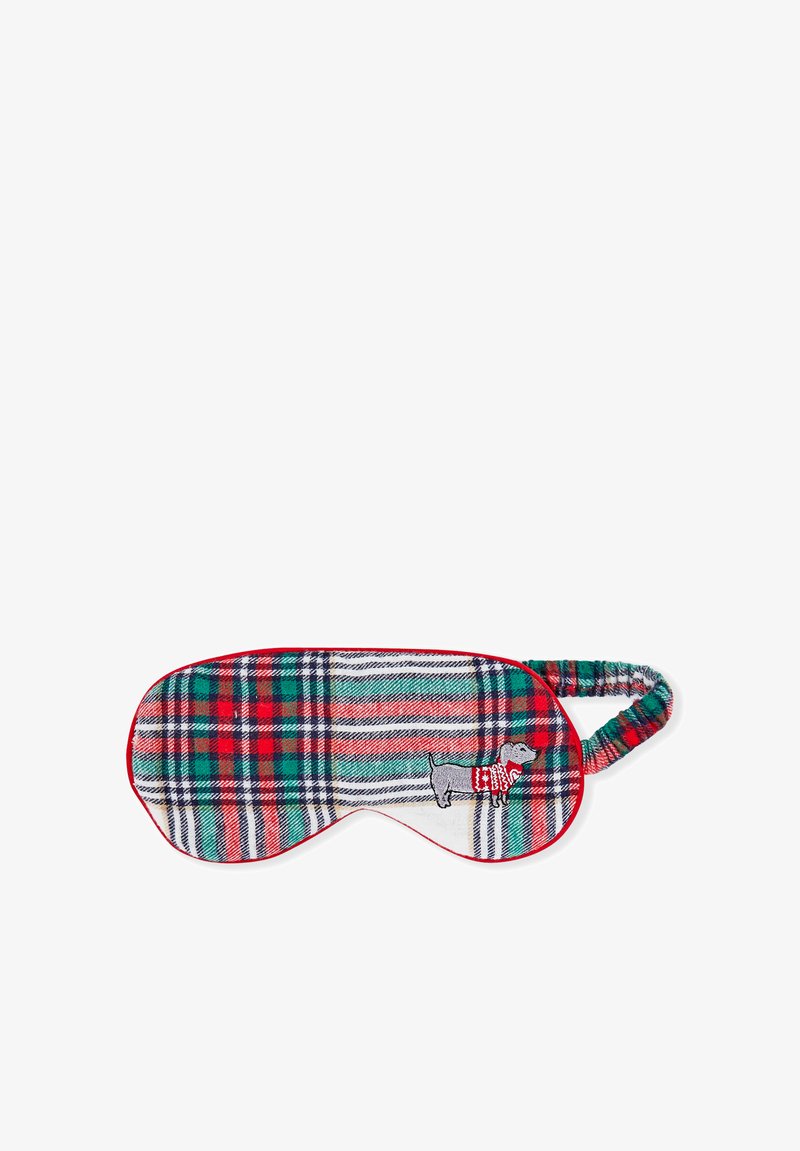 Maschera da sonno a plaid con colori rosso, verde e bianco e un tessuto texture. Un cane ricamato con un maglione adorna un lato.