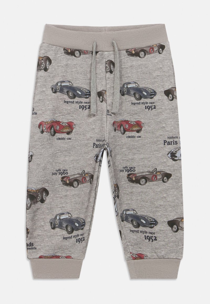 Γκρι παντελόνι για νήπια με ελαστική μέση και μανσέτες, διακοσμημένο με εικονογραφήσεις vintage αγωνιστικών αυτοκινήτων και κείμενα όπως "στυλ θρύλου αγώνα 1952" και "κλασικό αυτοκίνητο."
