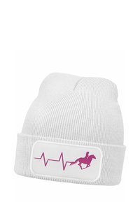 White ribbed knit beanie featuring a pink patch displaying a horse and rider silhouette alongside a heartbeat line.