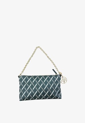 Piccola pochette nera e grigia con motivo, manico a catena dorata e ciondolo rotondo dorato vicino alla zip.