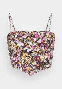 Top de flores com base preta e flores em rosa, amarelo e branco. Inclui alças finas ajustáveis e uma barra reta.