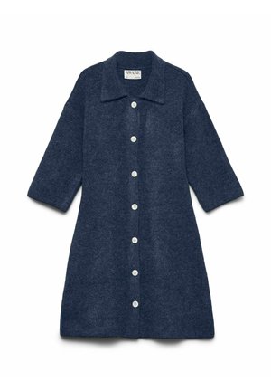 Manteau en laine mélangée bleu marine avec un col, des manches trois-quarts et huit boutons blancs sur le devant ; design texturé de mi-longueur.