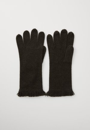 Sorte strikkede handsker med en glat tekstur, der har en frynset mansjet og fem fingerrum for en tætsiddende pasform.