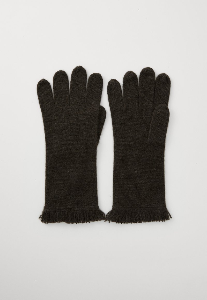 Sorte strikkede handsker med en glat tekstur, der har en frynset mansjet og fem fingerrum for en tætsiddende pasform.