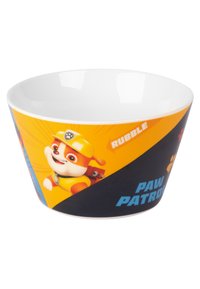 Ciotola in ceramica con un vivace design giallo e blu, rappresentante i personaggi di Paw Patrol. Superficie liscia con grafiche di cartoni animati e accenti testuali.