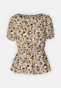 Blusa beige a maniche corte con stampa astratta leopardata in bianco e nero, cintura elastica e orlo leggermente svasato.