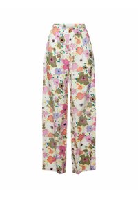 Wijde bloemenbroek in crème met roze, groene en zwarte accenten; voorzien van een hoge taille en een subtiele knoopsluiting.