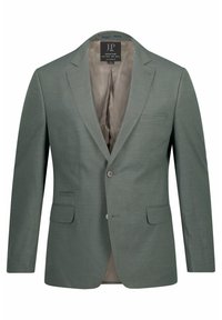 Grüner Blazer aus strukturiertem Stoff, mit Reverskragen, zwei vorderen Taschen und einer einzelnen Knopfschließe. Futter im Inneren.