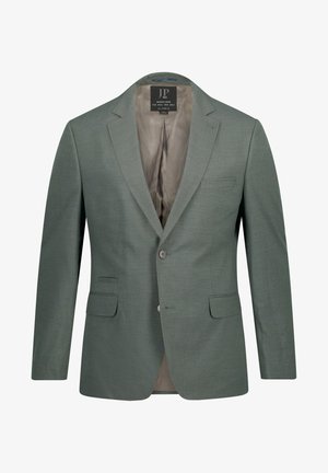 Grøn blazer lavet af tekstureret stof, med notch-lapel, to frontlommer og en enkelt knaplukning. Fodret inderfor.