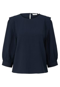 Blusa blu navy realizzata in un tessuto leggero, con scollatura rotonda, maniche a sbuffo e una leggera apertura sul retro.