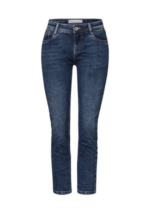 Dark blue denim jeans with a casual fit, featuring two front pockets, a single button closure, and subtle fading along the legs.