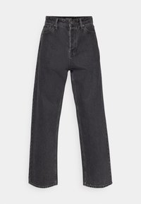 Vaqueros de tiro alto y pierna recta en denim gris oscuro, con un diseño clásico de cinco bolsillos y costuras en contraste en las costuras.