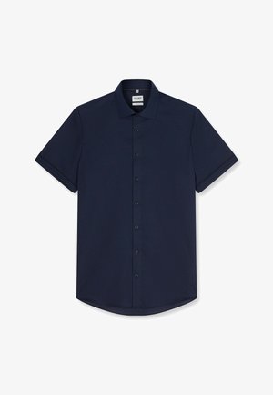 Camicia blu navy a maniche corte con bottoni, collo classico e orlo curvo, distesa su sfondo bianco.