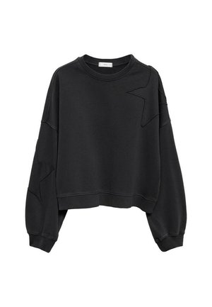 Sort cropped sweatshirt med lange ærmer, rund halsudskæring og stjerneformede syningslapper på brystet og venstre arm.