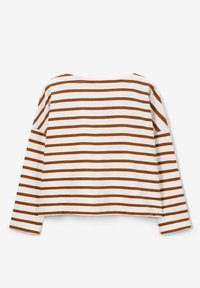 Long-sleeve top with a crew neckline, featuring horizontal brown and white stripes and a relaxed fit with a cropped hem.