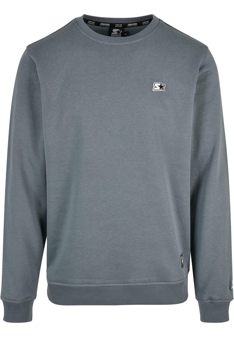Grauem Rundhalsausschnitt-Sweatshirt aus weichem Material. Mit gerippten Bündchen und Saum sowie einem kleinen Logo-Akzent auf der Brust.