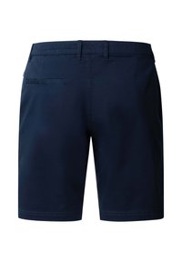Shorts pour hommes bleu marine foncé avec passants pour ceinture et une seule poche passepoilée au dos, vus de derrière sur un fond blanc.