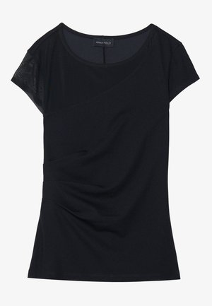 Black short-sleeve top made of soft fabric, featuring a textured panel on one shoulder, asymmetrical design, and gathered detailing on the side.