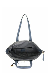 Sac fourre-tout bleu avec poignées doubles, extérieur texturé, doublure en tissu rayé, poche zippée intérieure et large ouverture pour un accès facile.