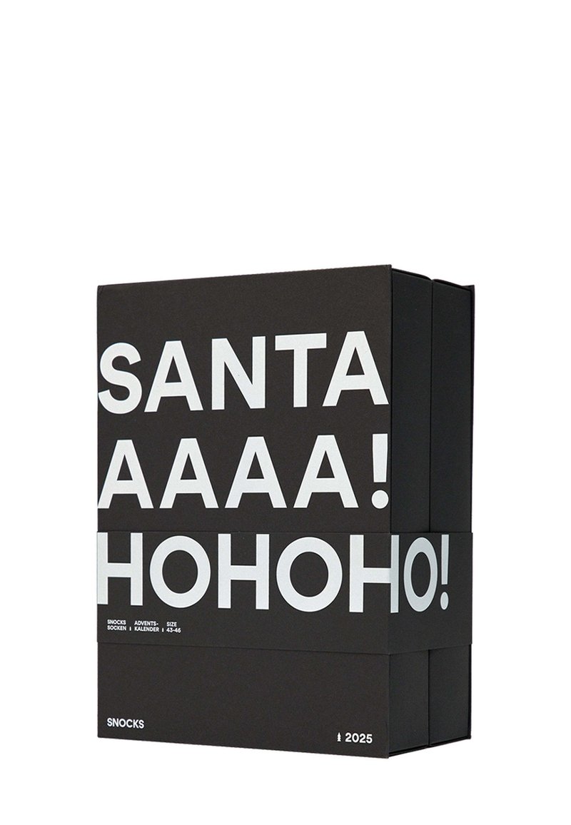 Imballaggio in cartone nero con testo bianco audace: "SANTA, AAAAA! HOHOHO!" Include i dettagli del prodotto sul lato. Design semplice, forma rettangolare.