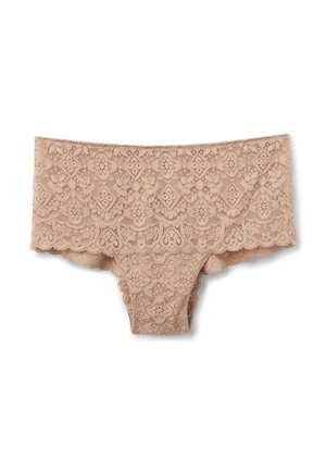 Béžové krajkové dámské boyshort kalhotky s květinovými a geometrickými vzory, vroubkovanými lemy a poloprůhlednou látkou.