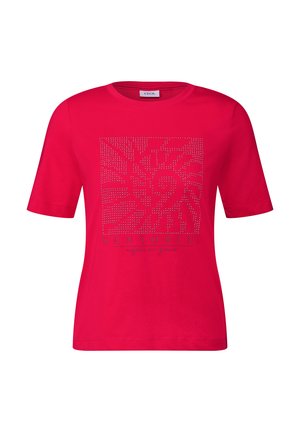 Camiseta de manga corta y cuello redondo en color rosa, con un estampado gráfico texturizado en brillantina plateada que lleva la palabra "SANTORINI" debajo.