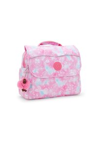 Zaino rosa con motivi floreali e farfalle, chiusura a pattina e tasca laterale. Presenta un accessorio portachiavi con pon-pon rosa.