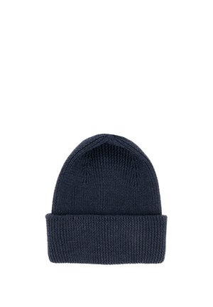 Dunkelblaue gestrickte Mütze mit umgeschlagenem Bund, schlichtes Design, flach auf weißem Hintergrund dargestellt.