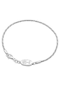 Silver twisted chain bracelet with a lobster clasp. Features an engraved oval tag with a palm tree design. 925 sterling silver material.